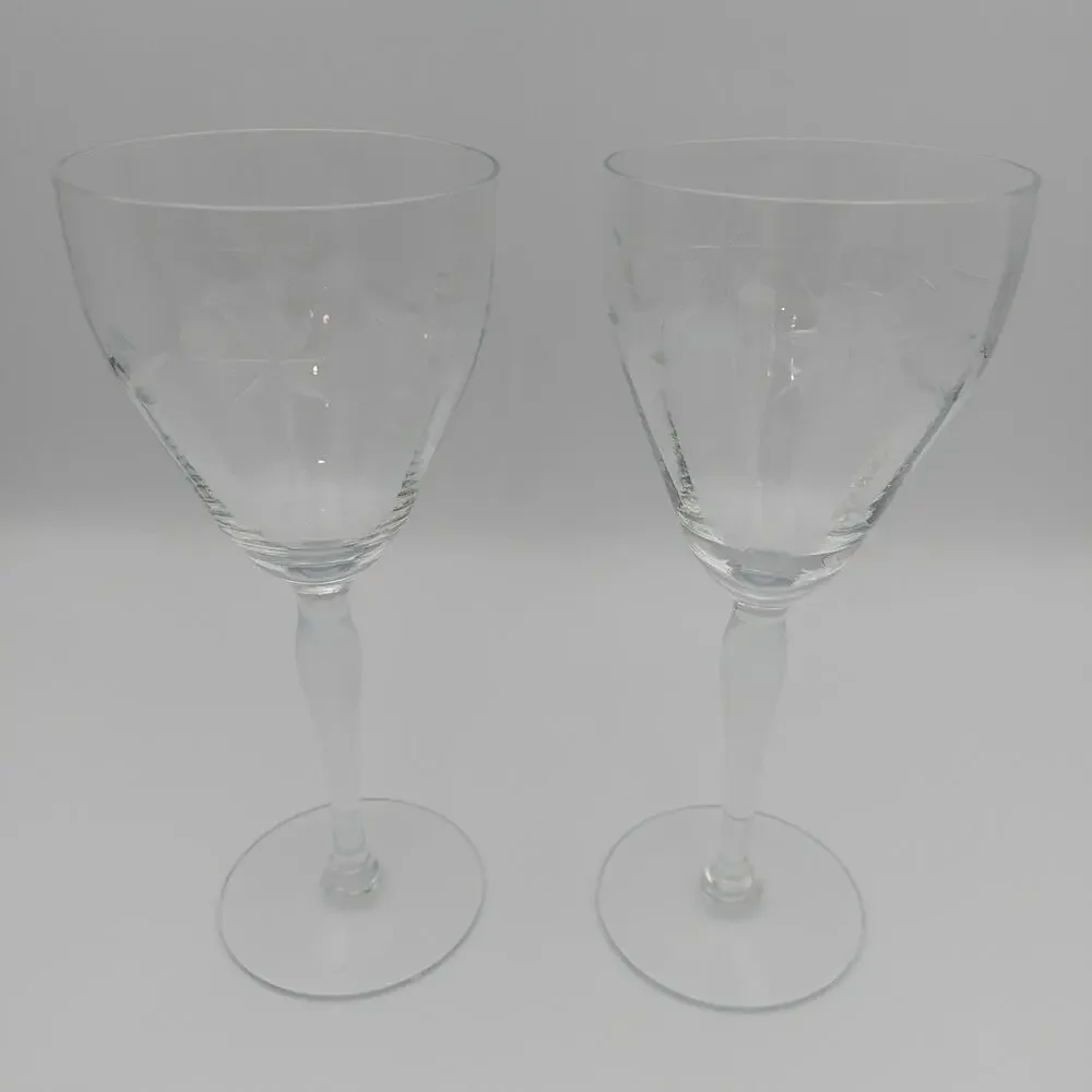 Vintage Etched Glass Wine Goblets Starburst Pattern Set of 2